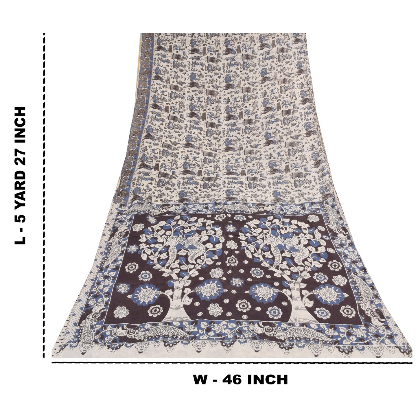 Sanskriti Vintage Sarees White Handmade Kalamkari Pure Cotton Sari 5+yd Sustainable Fabric