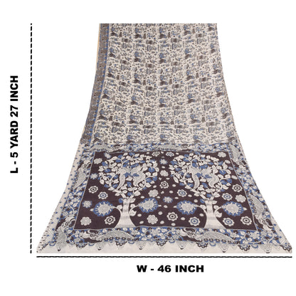 Sanskriti Vintage Sarees White Handmade Kalamkari Pure Cotton Sari 5+yd Sustainable Fabric