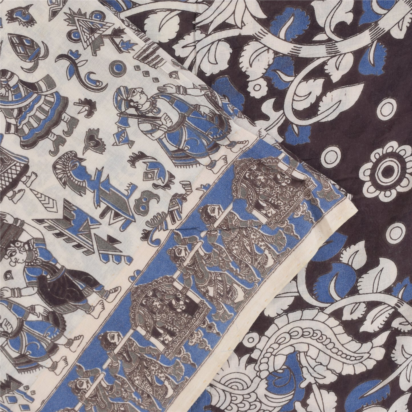 Sanskriti Vintage Sarees White Handmade Kalamkari Pure Cotton Sari 5+yd Sustainable Fabric