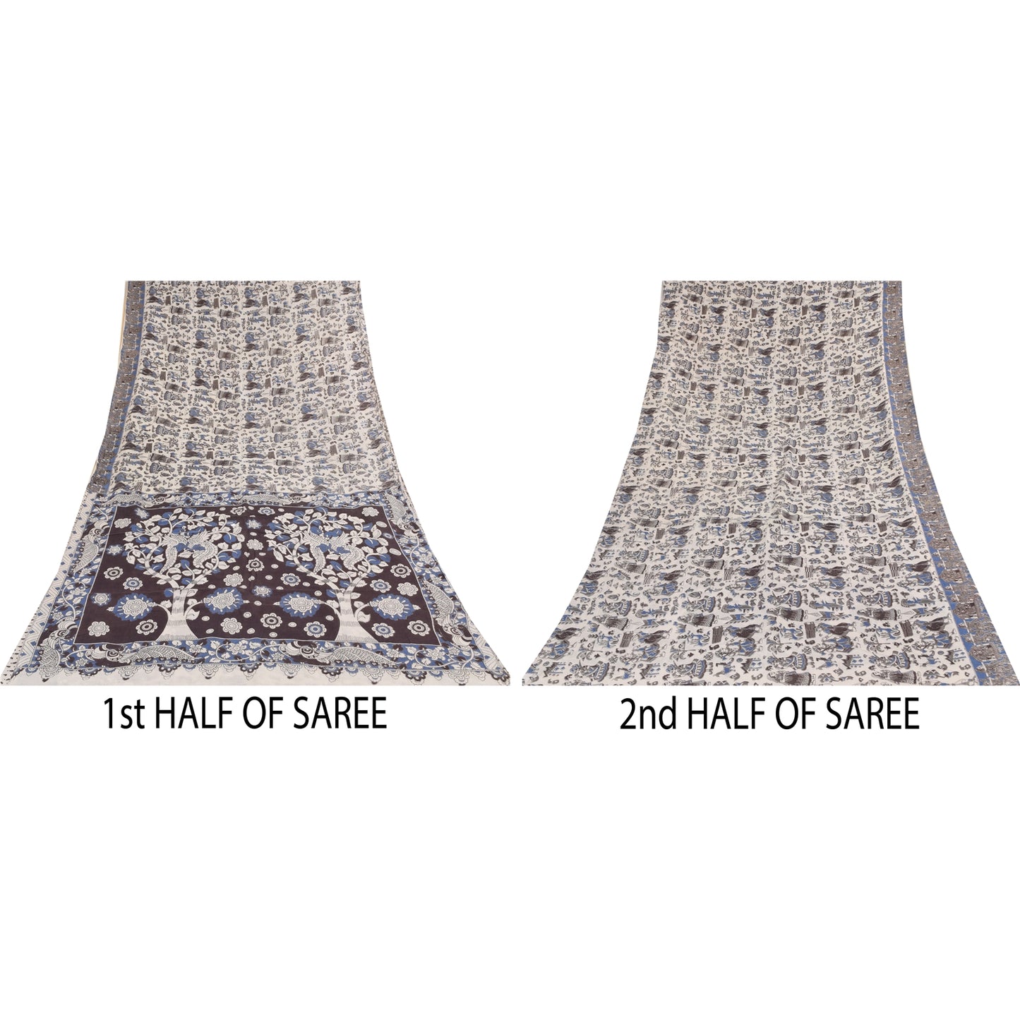 Sanskriti Vintage Sarees White Handmade Kalamkari Pure Cotton Sari 5+yd Sustainable Fabric