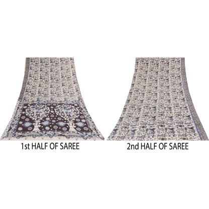 Sanskriti Vintage Sarees White Handmade Kalamkari Pure Cotton Sari 5+yd Sustainable Fabric