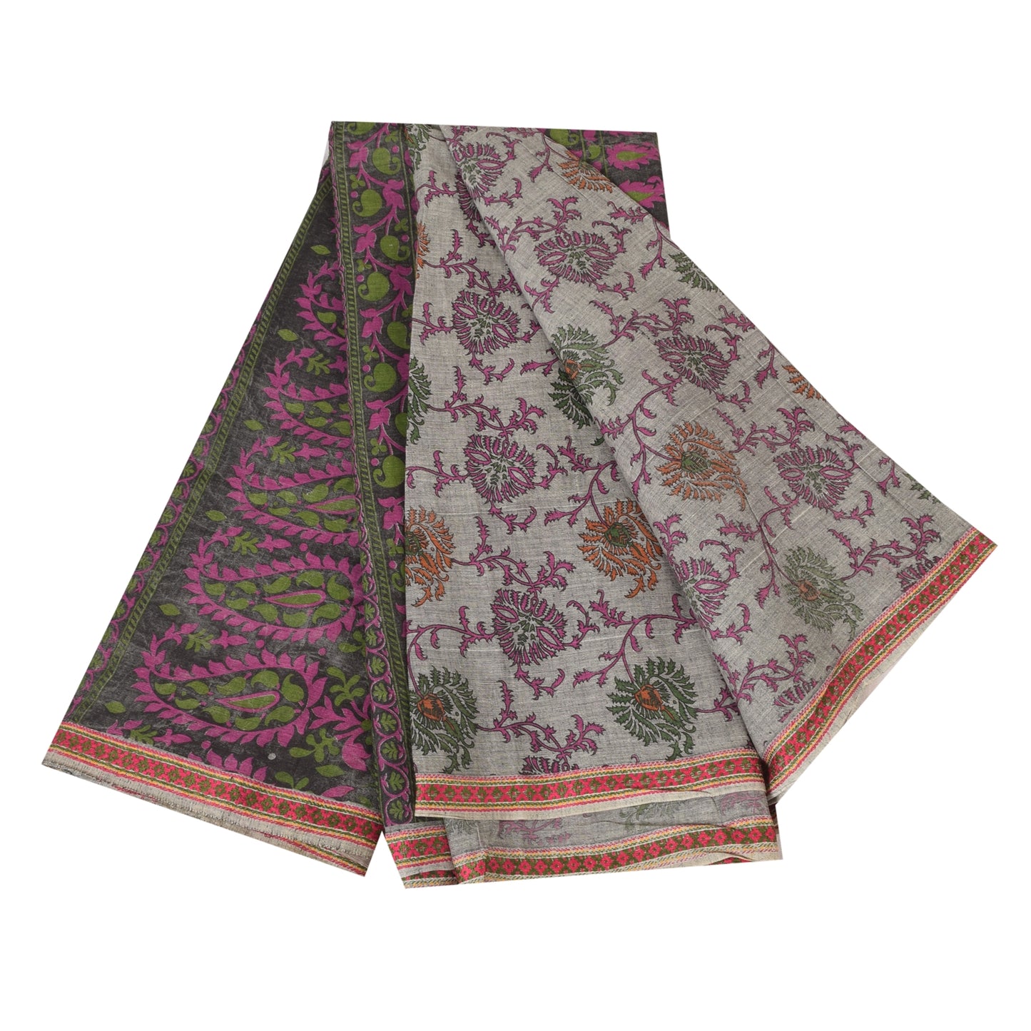 Sanskriti Vintage Sarees Indian Gray Pure Cotton Printed Sari 6+yd Craft Sustainable Fabric