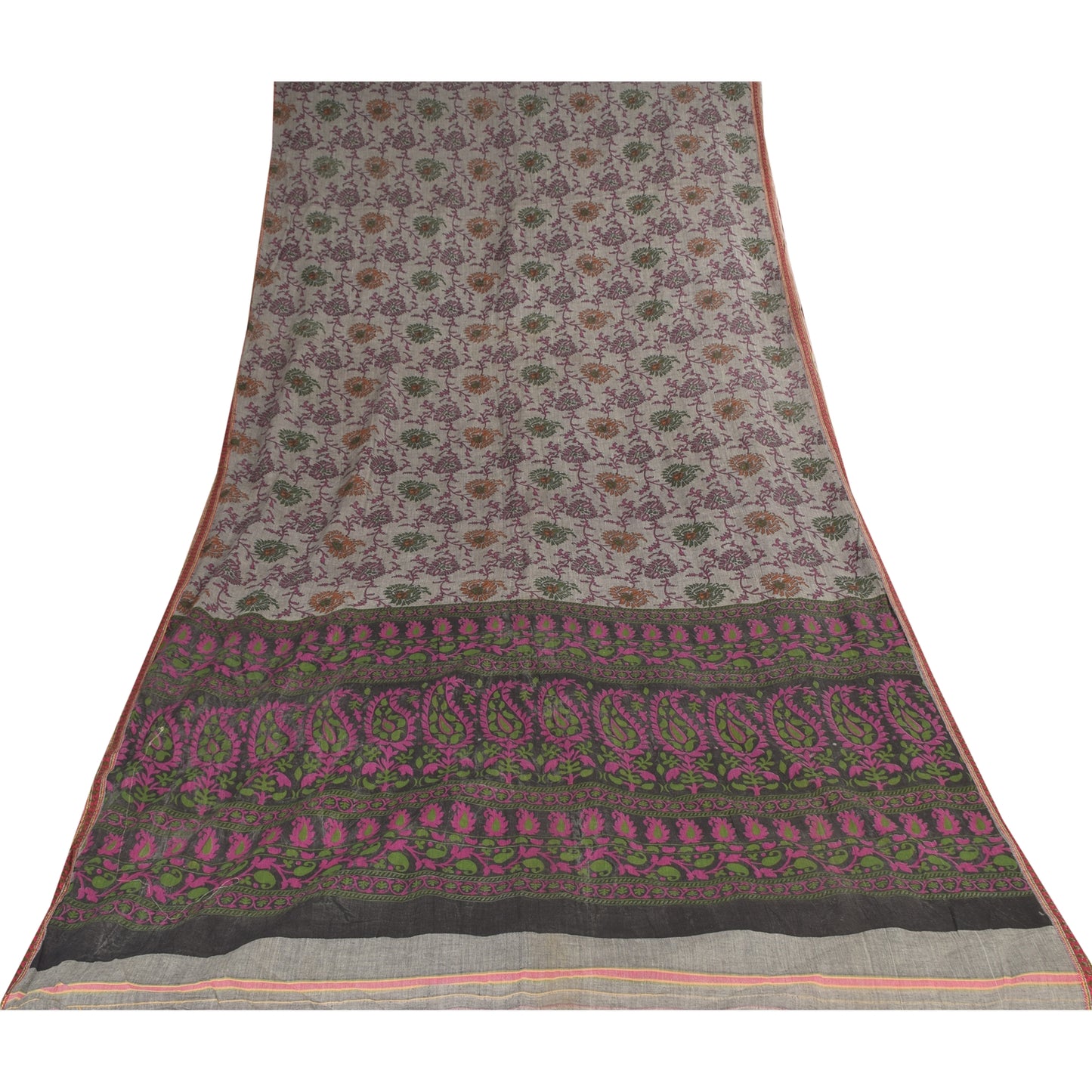 Sanskriti Vintage Sarees Indian Gray Pure Cotton Printed Sari 6+yd Craft Sustainable Fabric