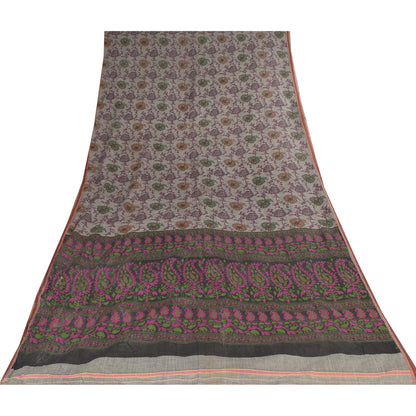 Sanskriti Vintage Sarees Indian Gray Pure Cotton Printed Sari 6+yd Craft Sustainable Fabric