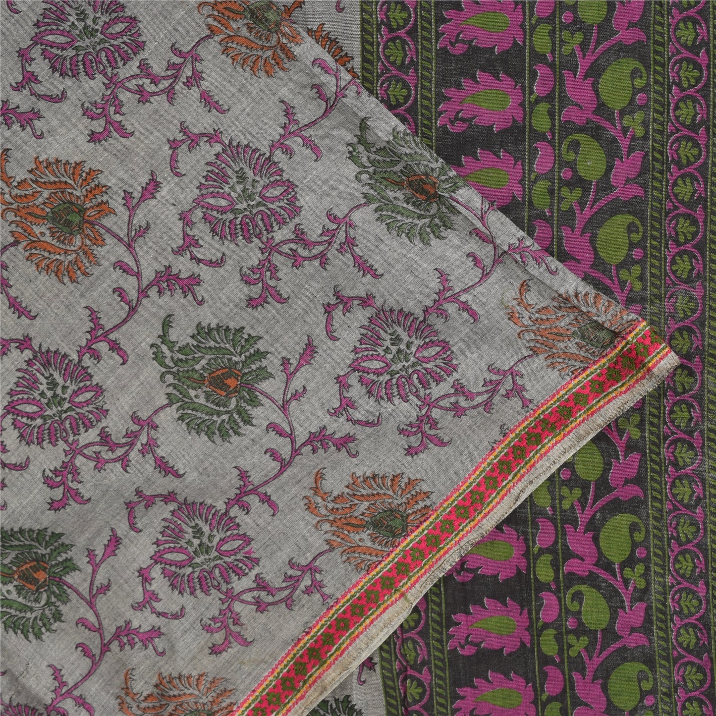 Sanskriti Vintage Sarees Indian Gray Pure Cotton Printed Sari 6+yd Craft Sustainable Fabric