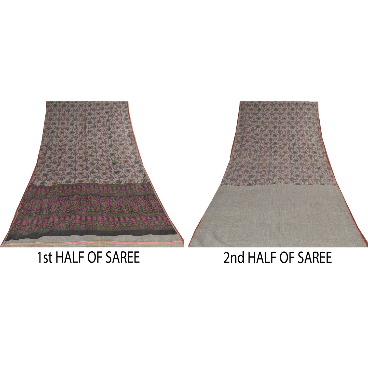 Sanskriti Vintage Sarees Indian Gray Pure Cotton Printed Sari 6+yd Craft Sustainable Fabric