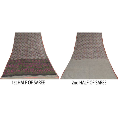 Sanskriti Vintage Sarees Indian Gray Pure Cotton Printed Sari 6+yd Craft Sustainable Fabric