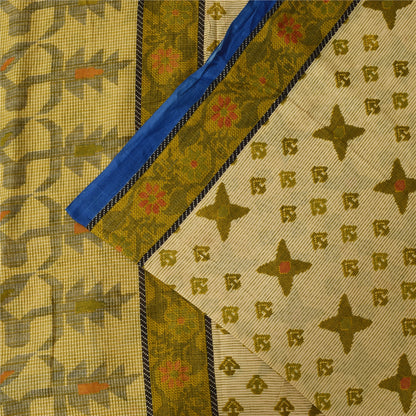 Sanskriti Vintage Sarees Cream/Green Pure Cotton Printed Sari 5+yd Craft Sustainable Fabric