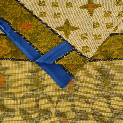 Sanskriti Vintage Sarees Cream/Green Pure Cotton Printed Sari 5+yd Craft Sustainable Fabric