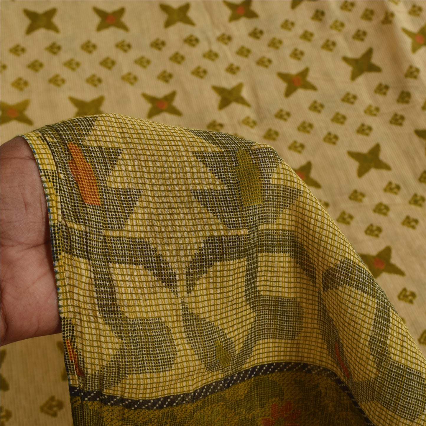 Sanskriti Vintage Sarees Cream/Green Pure Cotton Printed Sari 5+yd Craft Sustainable Fabric