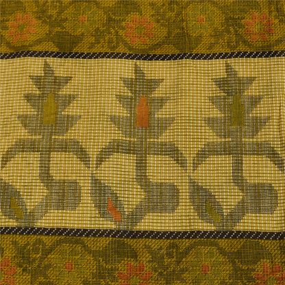 Sanskriti Vintage Sarees Cream/Green Pure Cotton Printed Sari 5+yd Craft Sustainable Fabric