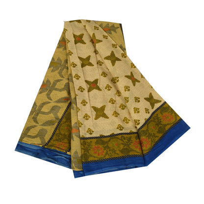 Sanskriti Vintage Sarees Cream/Green Pure Cotton Printed Sari 5+yd Craft Sustainable Fabric