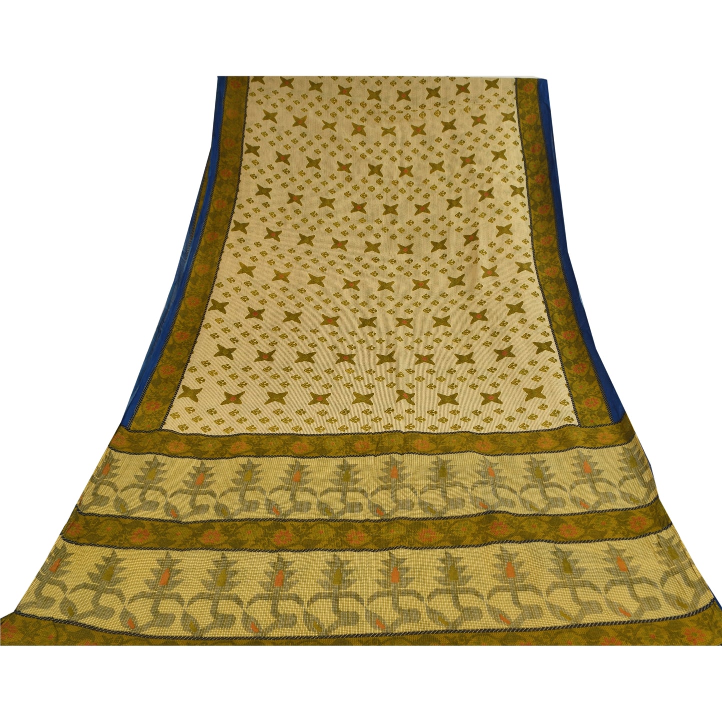 Sanskriti Vintage Sarees Cream/Green Pure Cotton Printed Sari 5+yd Craft Sustainable Fabric