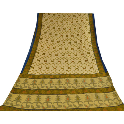 Sanskriti Vintage Sarees Cream/Green Pure Cotton Printed Sari 5+yd Craft Sustainable Fabric
