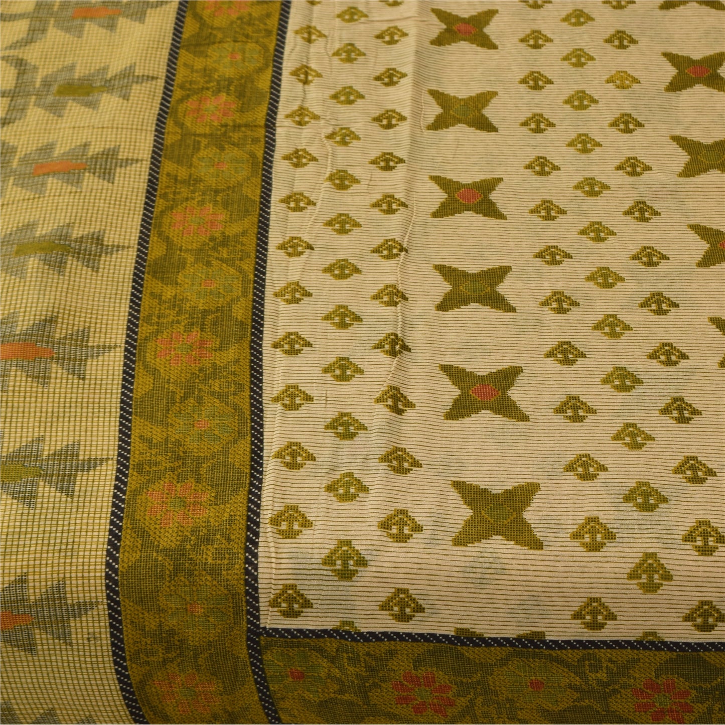 Sanskriti Vintage Sarees Cream/Green Pure Cotton Printed Sari 5+yd Craft Sustainable Fabric