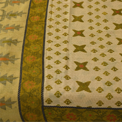 Sanskriti Vintage Sarees Cream/Green Pure Cotton Printed Sari 5+yd Craft Sustainable Fabric