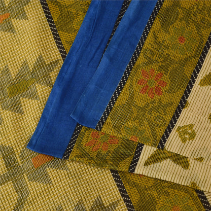 Sanskriti Vintage Sarees Cream/Green Pure Cotton Printed Sari 5+yd Craft Sustainable Fabric