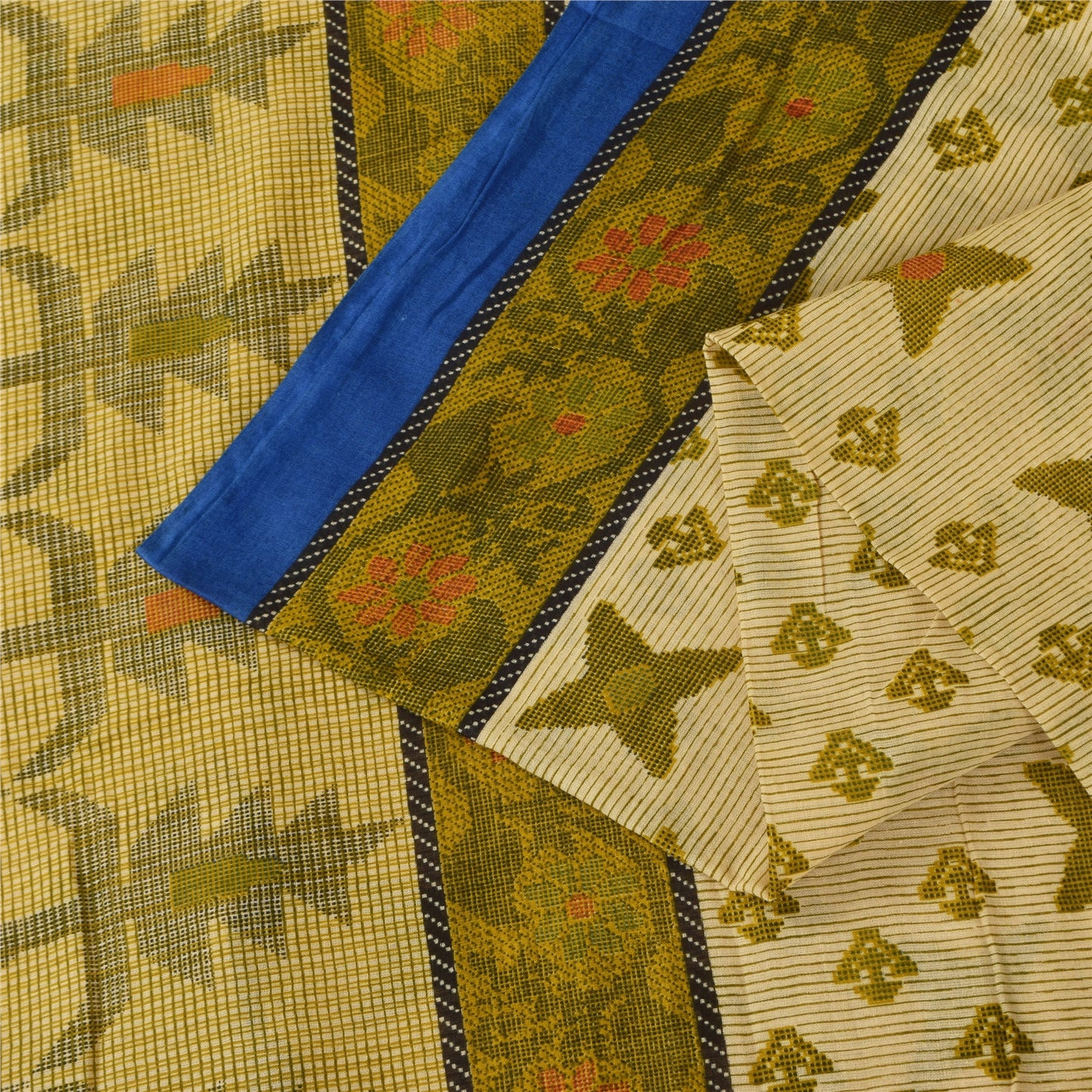 Sanskriti Vintage Sarees Cream/Green Pure Cotton Printed Sari 5+yd Craft Sustainable Fabric