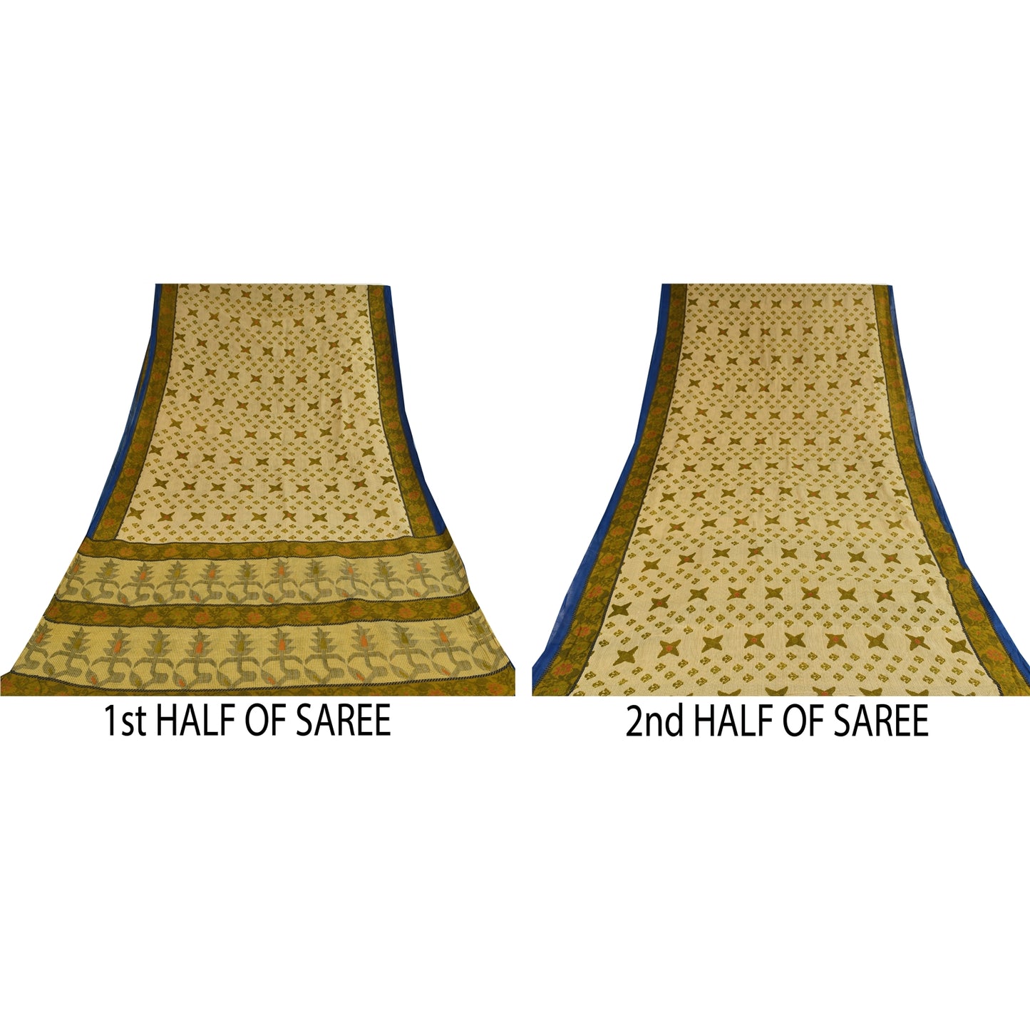 Sanskriti Vintage Sarees Cream/Green Pure Cotton Printed Sari 5+yd Craft Sustainable Fabric