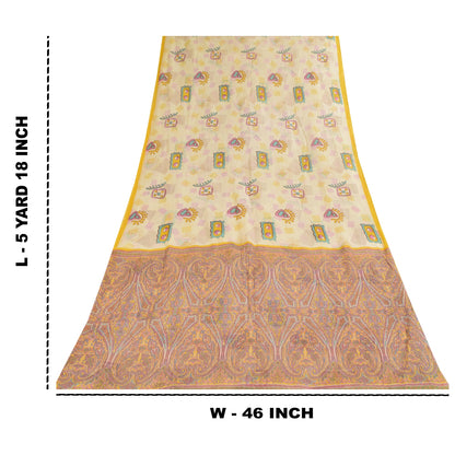 Sanskriti Vintage Sarees Cream 100% Pure Cotton Printed Sari 5+yd Craft Sustainable Fabric