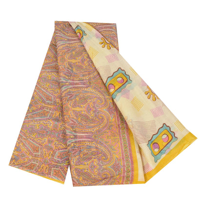 Sanskriti Vintage Sarees Cream 100% Pure Cotton Printed Sari 5+yd Craft Sustainable Fabric