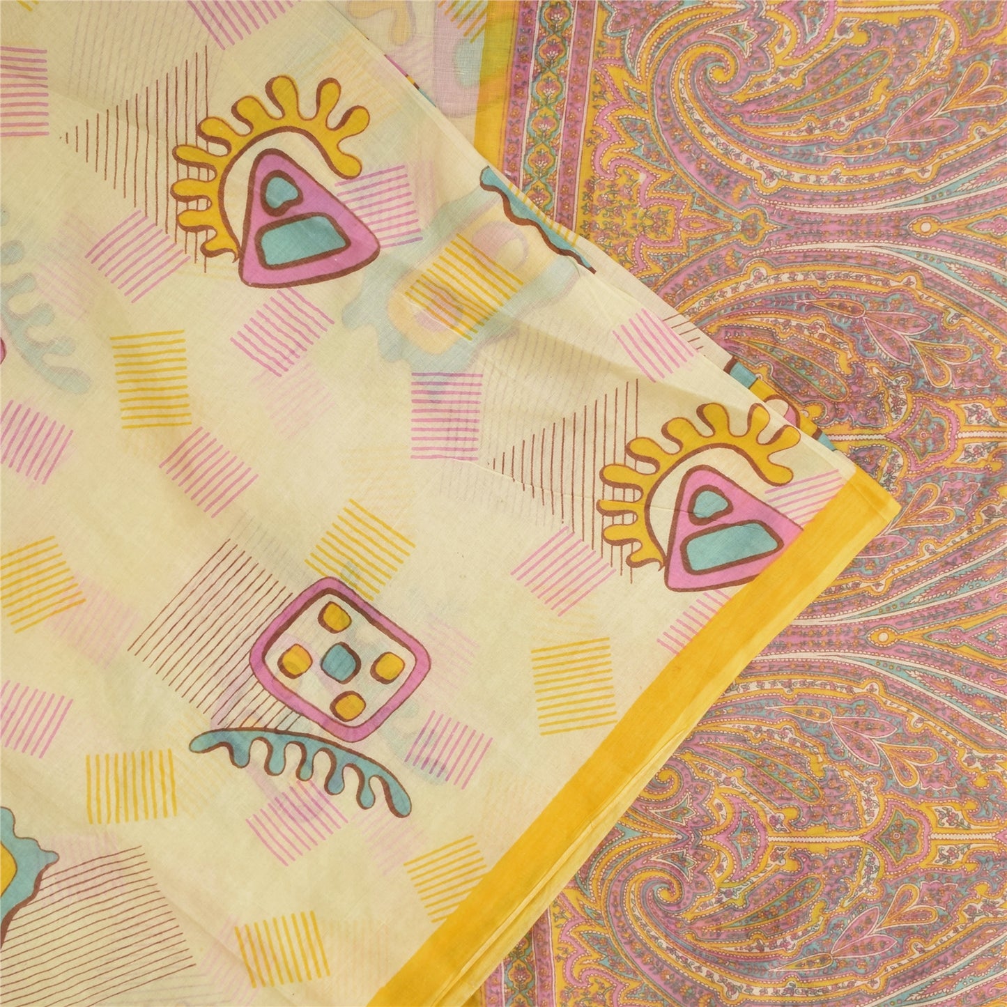 Sanskriti Vintage Sarees Cream 100% Pure Cotton Printed Sari 5+yd Craft Sustainable Fabric