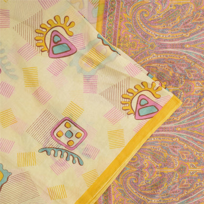 Sanskriti Vintage Sarees Cream 100% Pure Cotton Printed Sari 5+yd Craft Sustainable Fabric