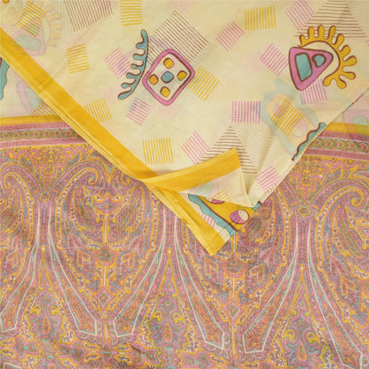 Sanskriti Vintage Sarees Cream 100% Pure Cotton Printed Sari 5+yd Craft Sustainable Fabric
