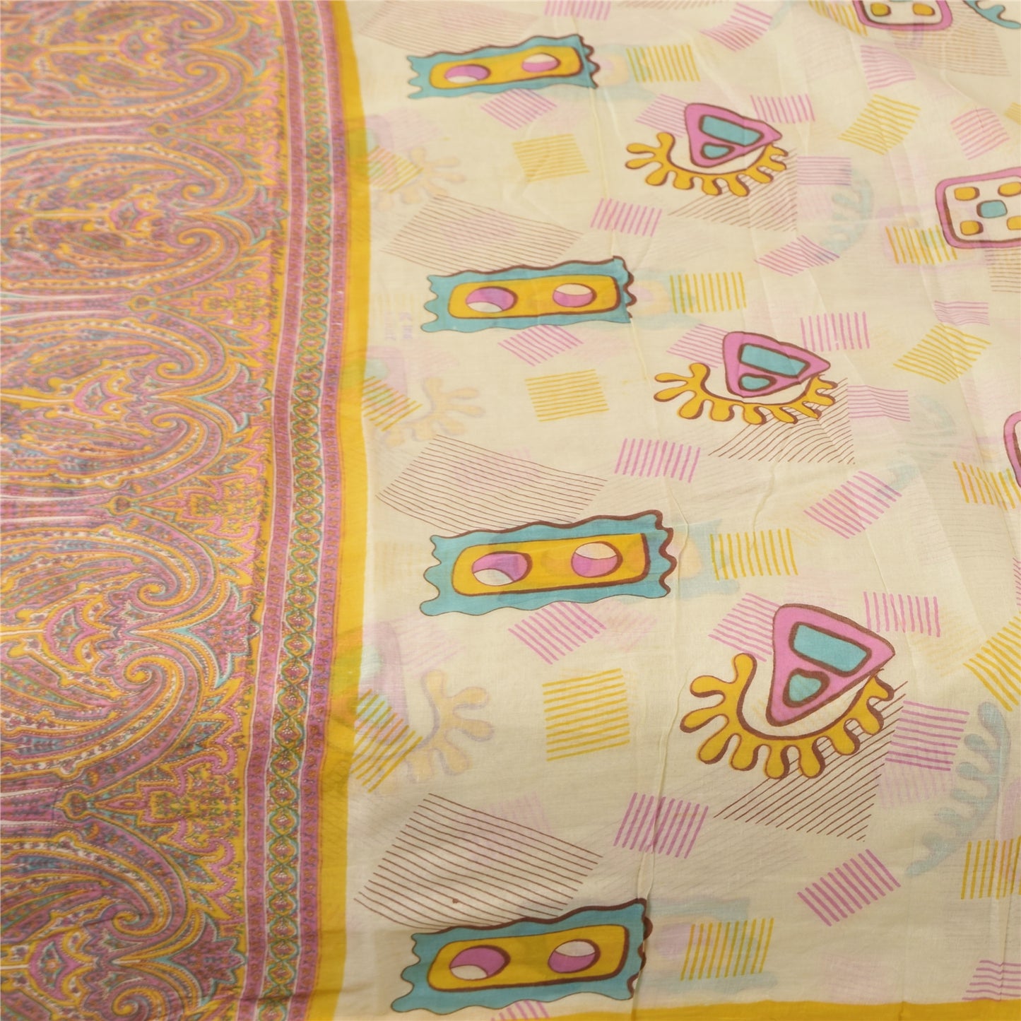 Sanskriti Vintage Sarees Cream 100% Pure Cotton Printed Sari 5+yd Craft Sustainable Fabric
