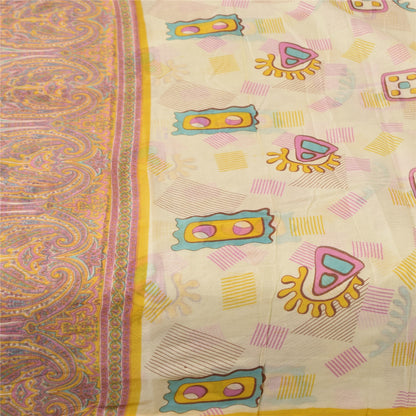 Sanskriti Vintage Sarees Cream 100% Pure Cotton Printed Sari 5+yd Craft Sustainable Fabric