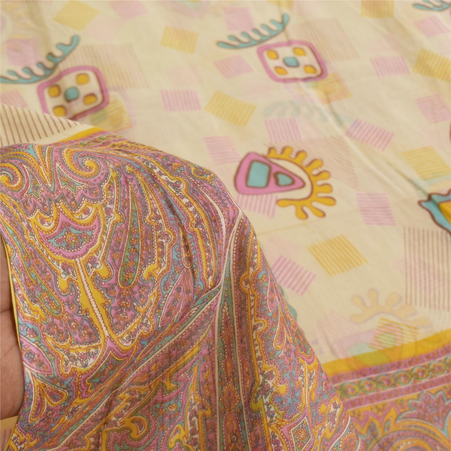 Sanskriti Vintage Sarees Cream 100% Pure Cotton Printed Sari 5+yd Craft Sustainable Fabric