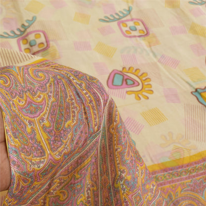Sanskriti Vintage Sarees Cream 100% Pure Cotton Printed Sari 5+yd Craft Sustainable Fabric