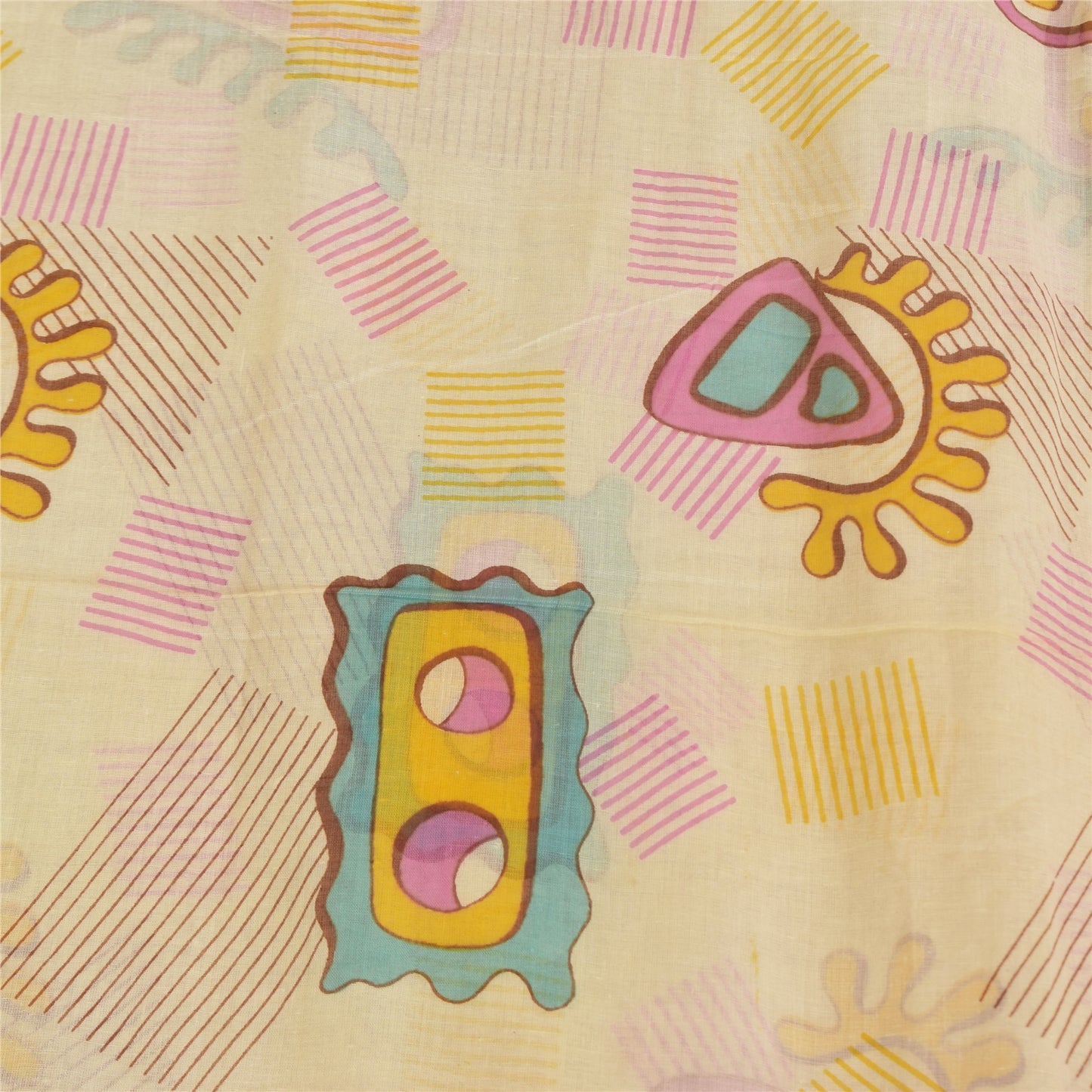 Sanskriti Vintage Sarees Cream 100% Pure Cotton Printed Sari 5+yd Craft Sustainable Fabric