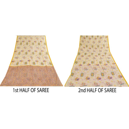 Sanskriti Vintage Sarees Cream 100% Pure Cotton Printed Sari 5+yd Craft Sustainable Fabric