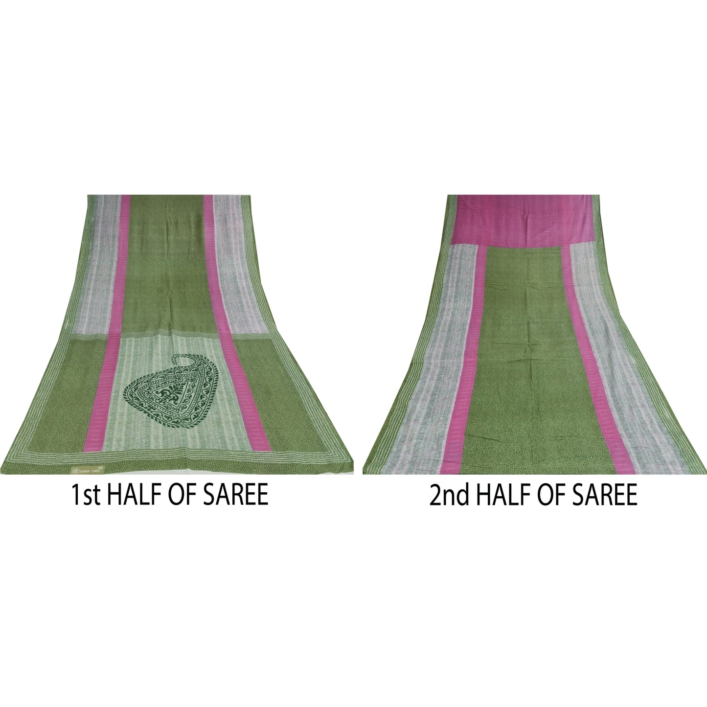 Sanskriti Vintage Sarees Indian Green Pure Cotton Printed Sari 5+yd Craft Sustainable Fabric