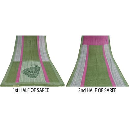 Sanskriti Vintage Sarees Indian Green Pure Cotton Printed Sari 5+yd Craft Sustainable Fabric
