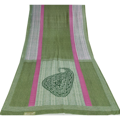 Sanskriti Vintage Sarees Indian Green Pure Cotton Printed Sari 5+yd Craft Sustainable Fabric
