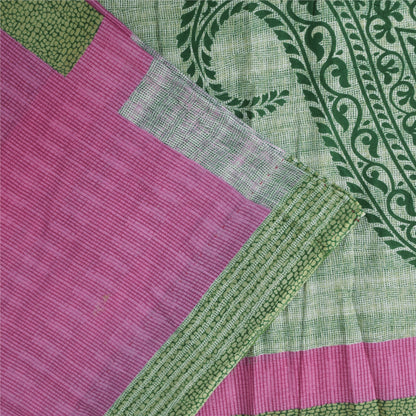 Sanskriti Vintage Sarees Indian Green Pure Cotton Printed Sari 5+yd Craft Sustainable Fabric