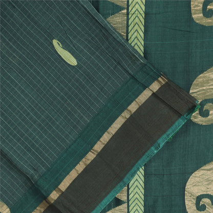 Sanskriti Vintage Sarees Teal Blue Woven Pure Cotton Paisley Sari 5+yd Sustainable Fabric