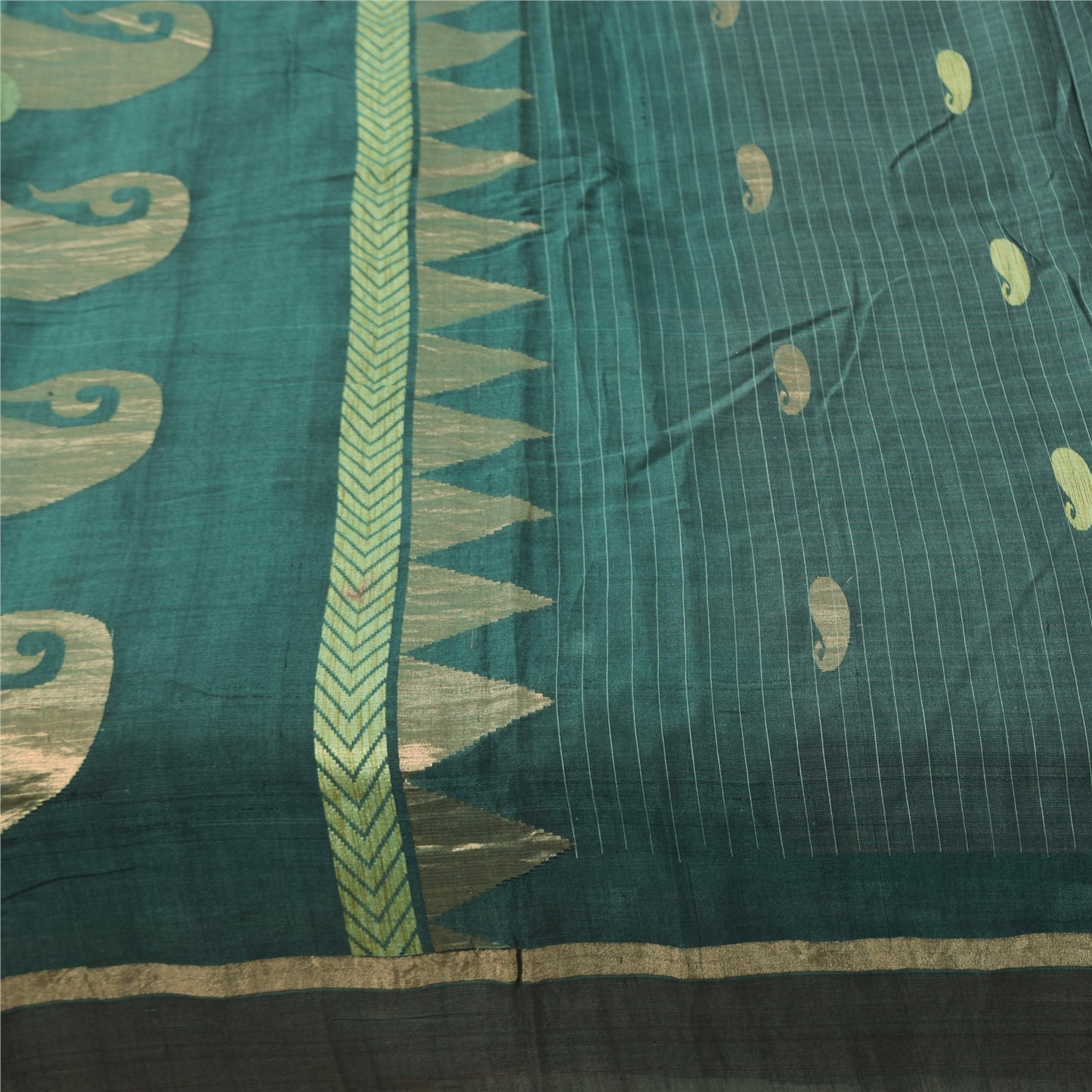 Sanskriti Vintage Sarees Teal Blue Woven Pure Cotton Paisley Sari 5+yd Sustainable Fabric
