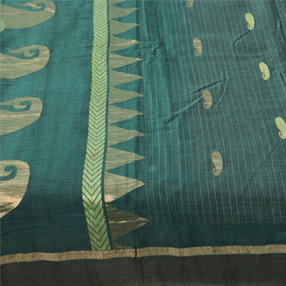 Sanskriti Vintage Sarees Teal Blue Woven Pure Cotton Paisley Sari 5+yd Sustainable Fabric