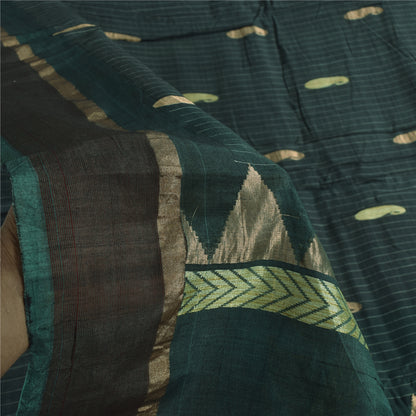 Sanskriti Vintage Sarees Teal Blue Woven Pure Cotton Paisley Sari 5+yd Sustainable Fabric