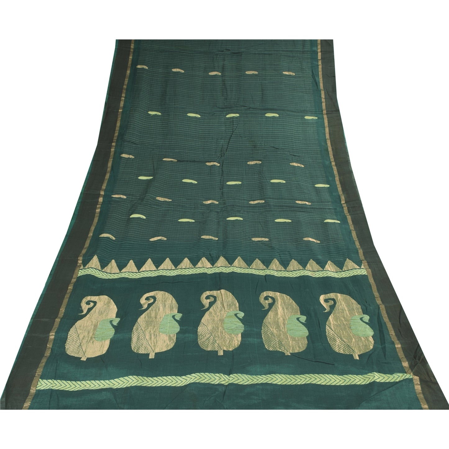 Sanskriti Vintage Sarees Teal Blue Woven Pure Cotton Paisley Sari 5+yd Sustainable Fabric