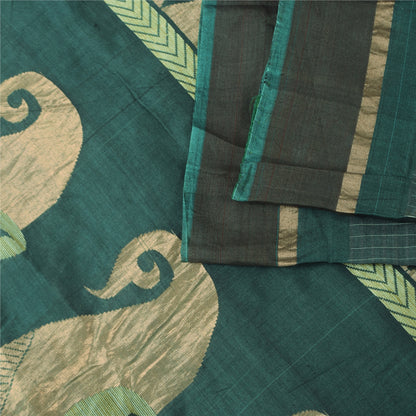 Sanskriti Vintage Sarees Teal Blue Woven Pure Cotton Paisley Sari 5+yd Sustainable Fabric