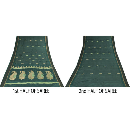 Sanskriti Vintage Sarees Teal Blue Woven Pure Cotton Paisley Sari 5+yd Sustainable Fabric