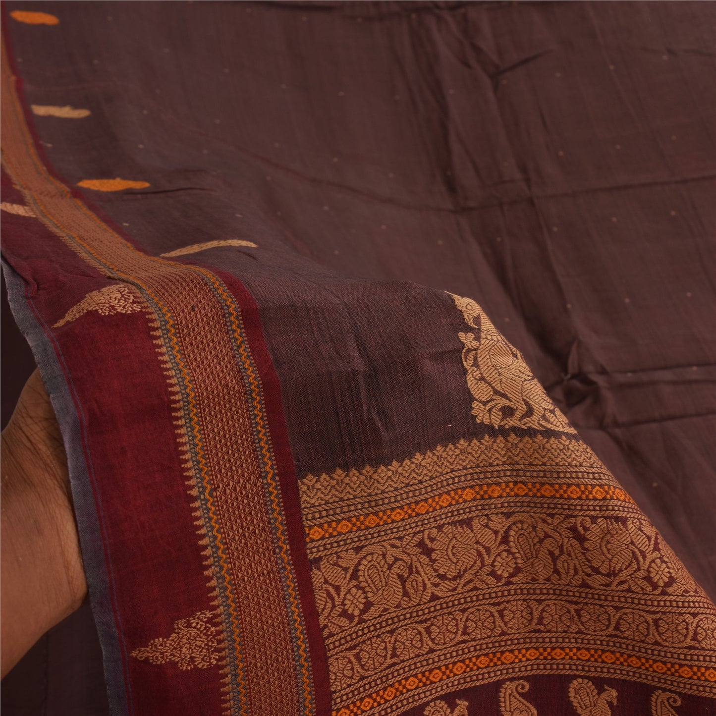 Sanskriti Vintage Sarees Wine Hand Woven 100% Pure Cotton Sari 5+yd Craft Sustainable Fabric