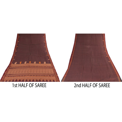 Sanskriti Vintage Sarees Wine Hand Woven 100% Pure Cotton Sari 5+yd Craft Sustainable Fabric