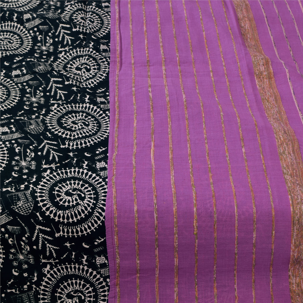 Sanskriti Vintage Sarees Purple Pure Cotton Warli Art/Woven Sari 5+yd Sustainable Fabric