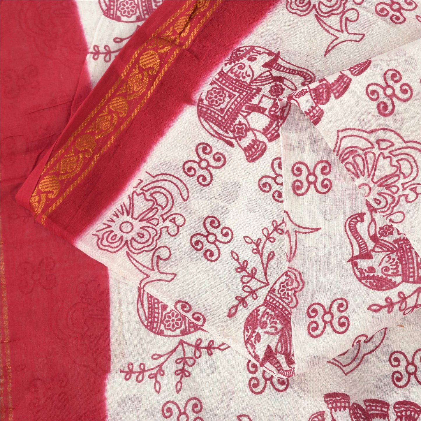 Sanskriti Vintage Sarees White/Red Zari Woven Print Pure Cotton Sari 5+yd Sustainable Fabric