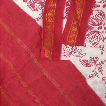 Sanskriti Vintage Sarees White/Red Zari Woven Print Pure Cotton Sari 5+yd Sustainable Fabric